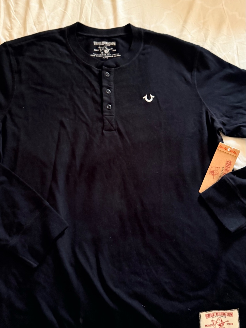 True Religion Black Long-Sleeve Henley with Signature Logo